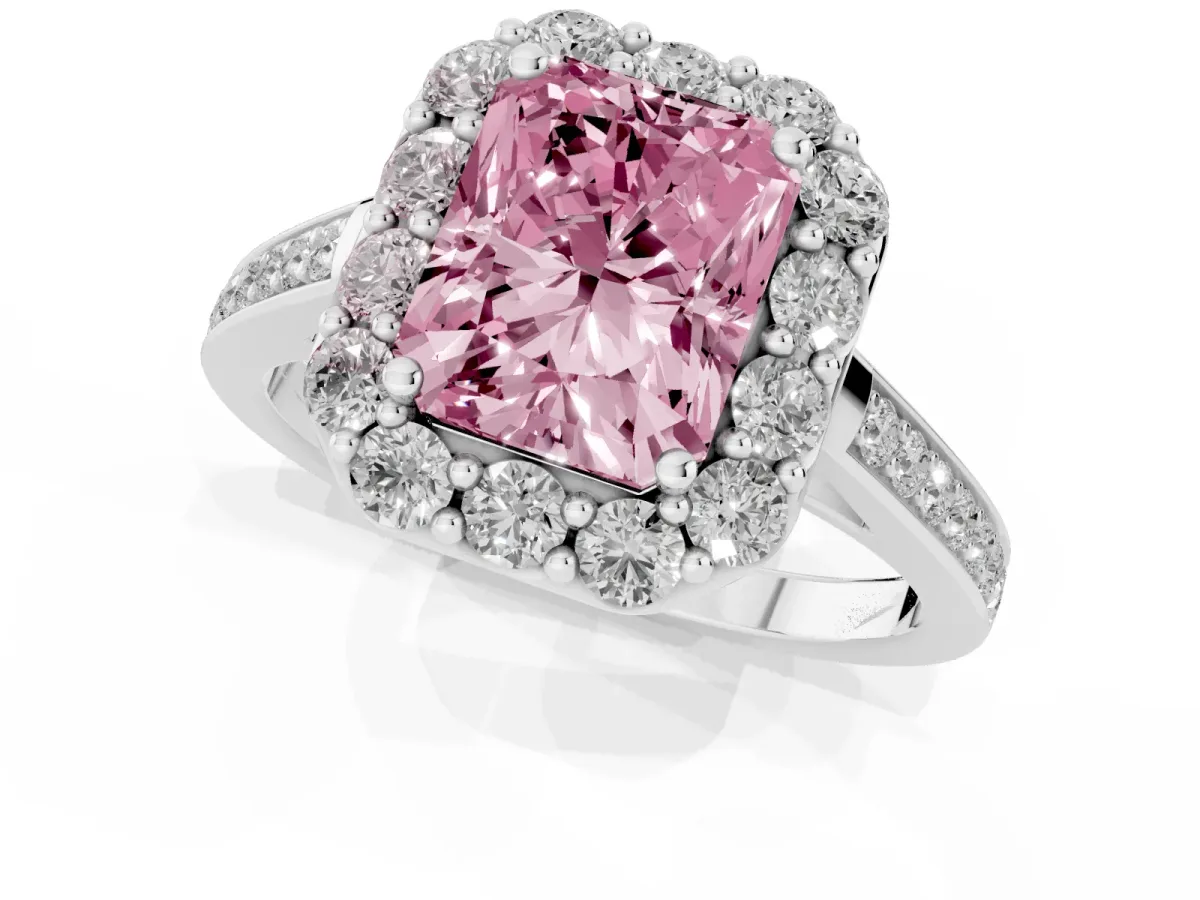 Fancy Pink Radiant Cut Diamond Floral Halo Ring with Pavé Band and Prong Setting Platinum