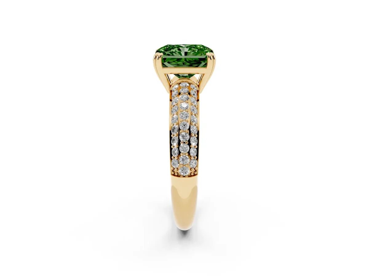 Fancy Green Radiant Cut Diamond Solitaire Ring with Multi-Row Round Pavé Band and Prong Setting Yellow gold