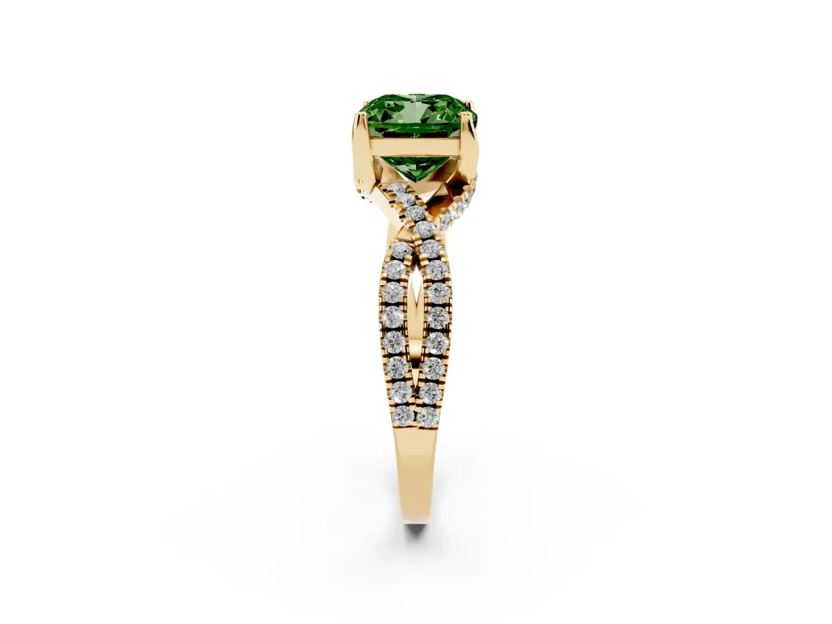Fancy Green Cushion Cut Solitaire Twist Pave Diamond Engagement Ring with Prong Setting Yellow gold