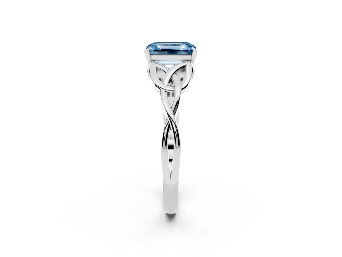 Fancy Blue Emerald Cut Diamond Solitaire Engagement Ring with Celtic Knot Band and Four-Prong Setting Platinum