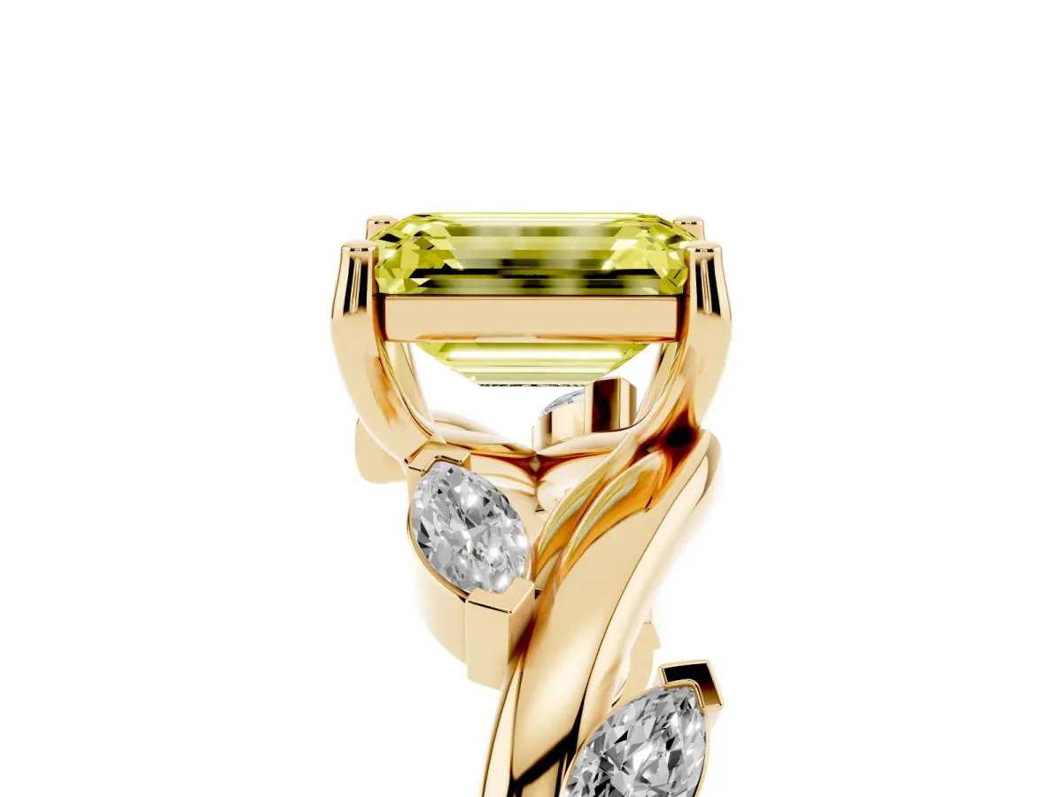 Fancy Yellow Emerald Cut Solitaire Twisted Band Marquise Accent Prong Setting Ring Yellow gold