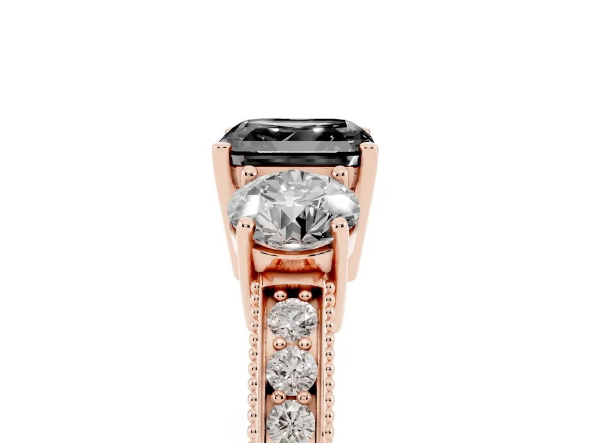 Fancy Black Asscher Cut Three-Stone Diamond Ring with Pavé Band and Four-Prong Setting Rose gold