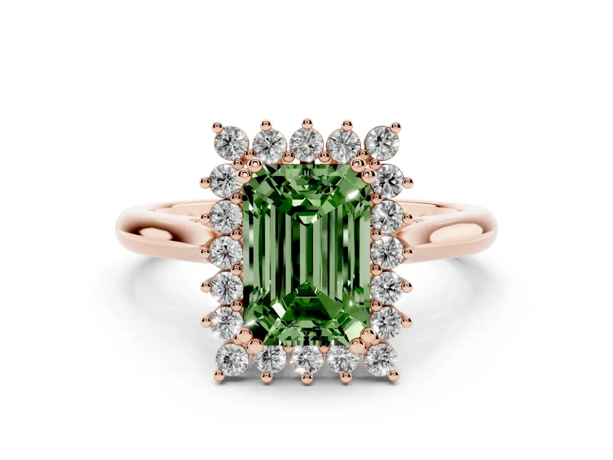 Fancy Green Emerald Cut Cut Diamond Halo Ring with Solitaire Band and Prong Setting Rose gold