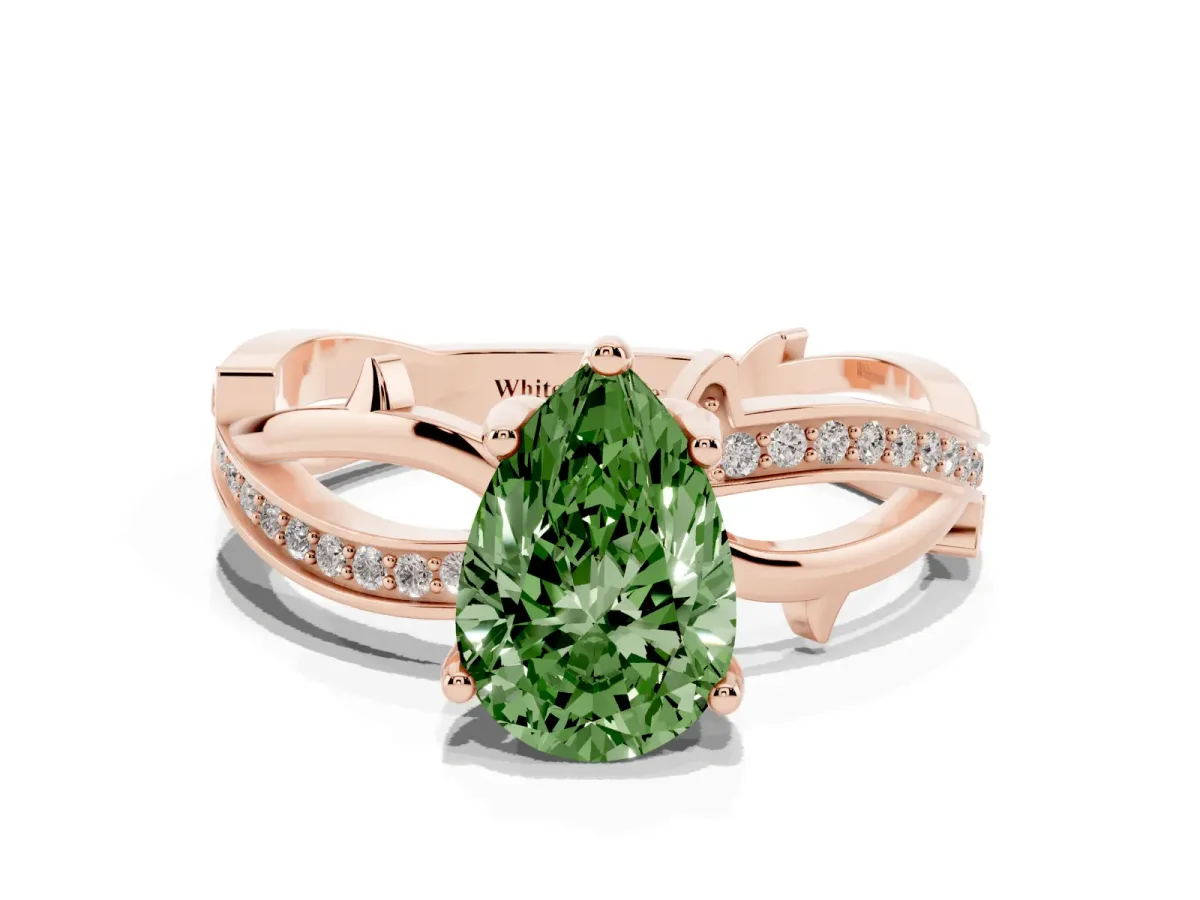 Fancy Green Pear Cut Solitaire Twist Band with Pavé Accents and Four-Prong Setting Rose gold