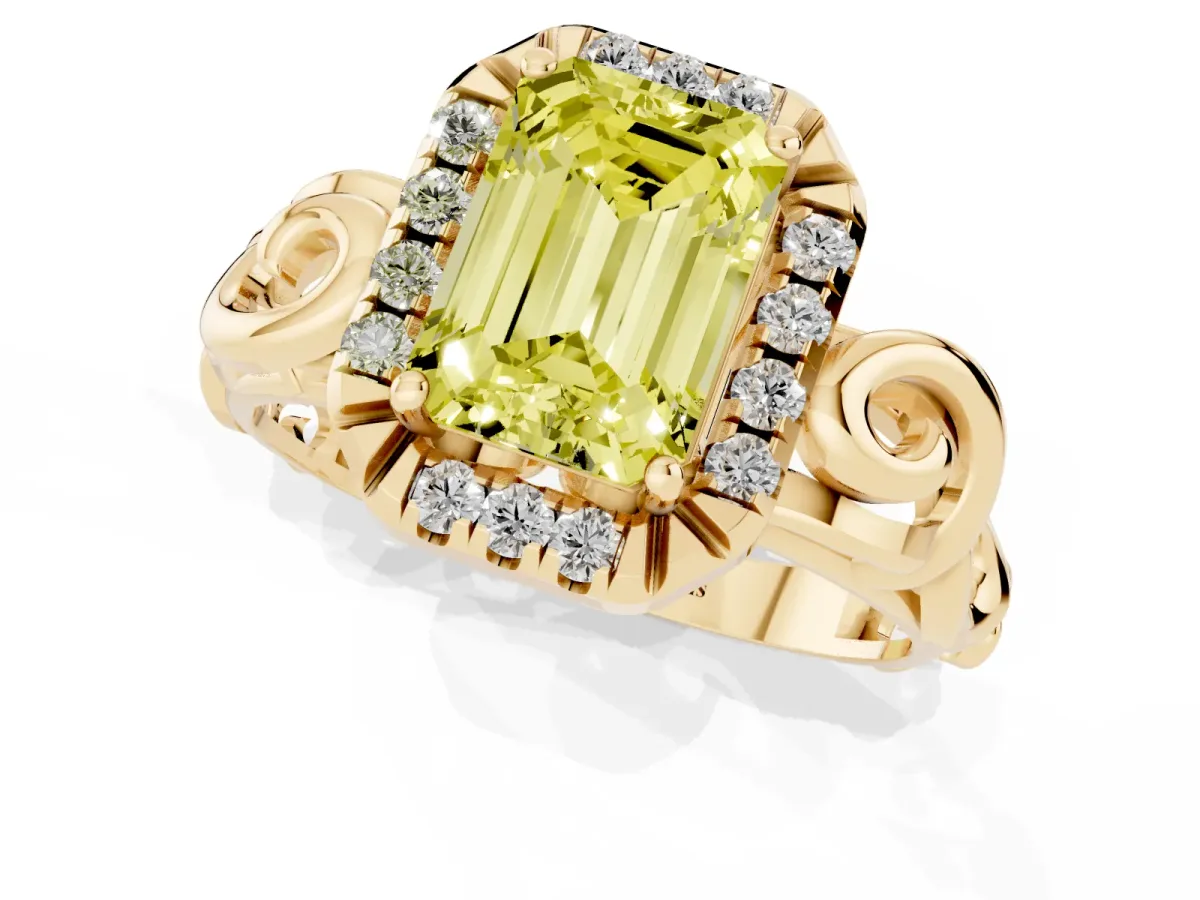 Fancy Yellow Emerald Cut Cut Halo Diamond Ring with Scrollwork Band and Four-Prong Setting Yellow gold