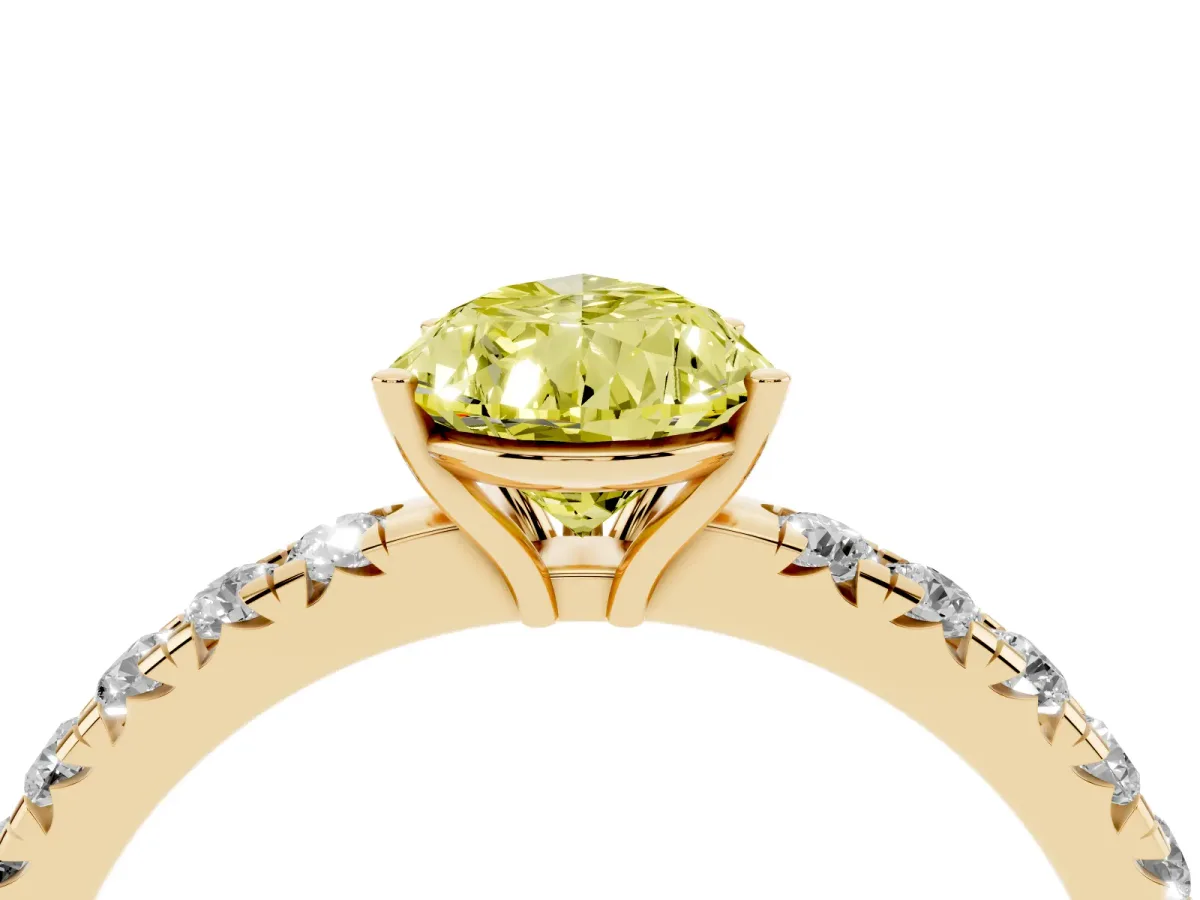 Fancy Yellow Pear Cut Diamond Pavé Solitaire Engagement Ring with Four-Prong Setting Yellow gold