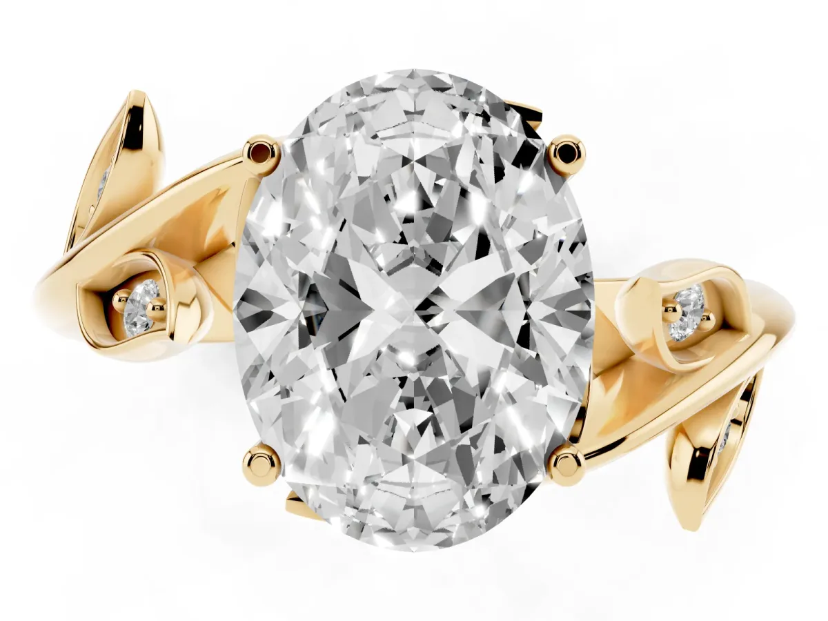 Oval Cut Solitaire Twist Engagement Ring with Leaf Accents and Prong Setting Yellow gold
