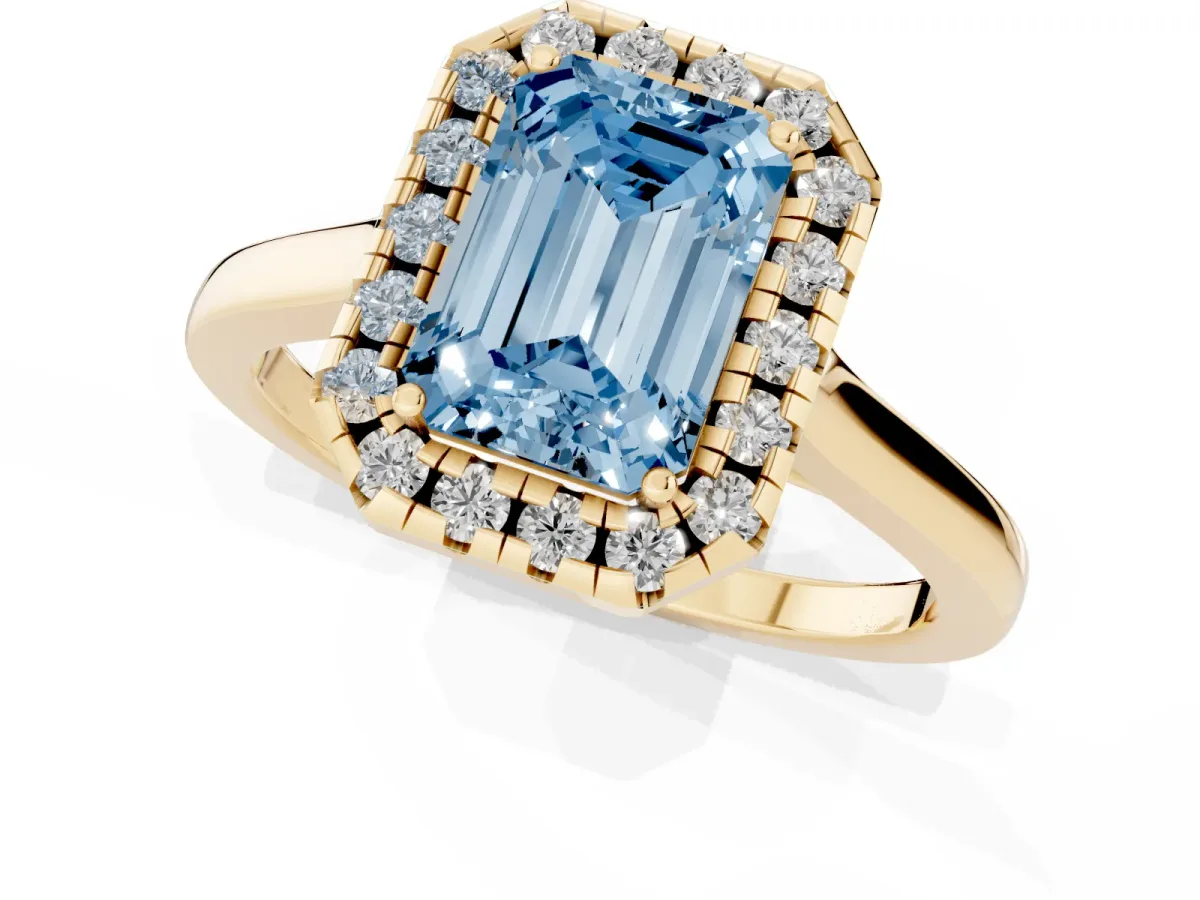 Fancy Blue Emerald Cut Halo Round Diamond Solitaire Ring with Pavé Band and Four-Prong Setting Yellow gold