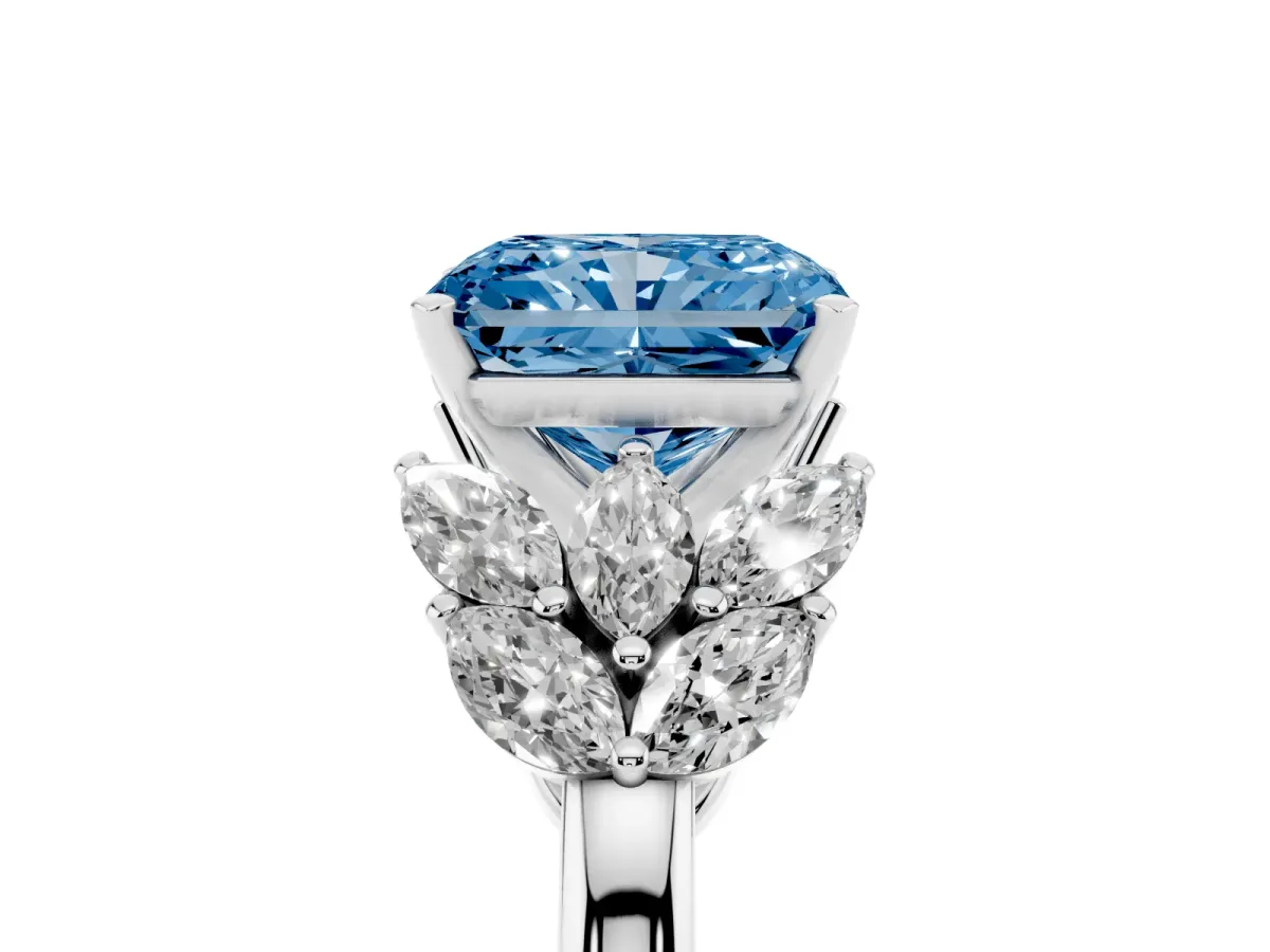 Fancy Blue Radiant Cut Diamond Cluster Leaf Design Ring with Prong Setting Silver