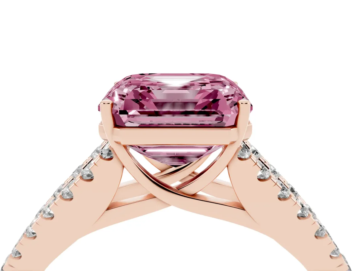 Fancy Pink Asscher Cut Diamond Split Shank Engagement Ring with Round Pavé and Prong Setting Rose gold