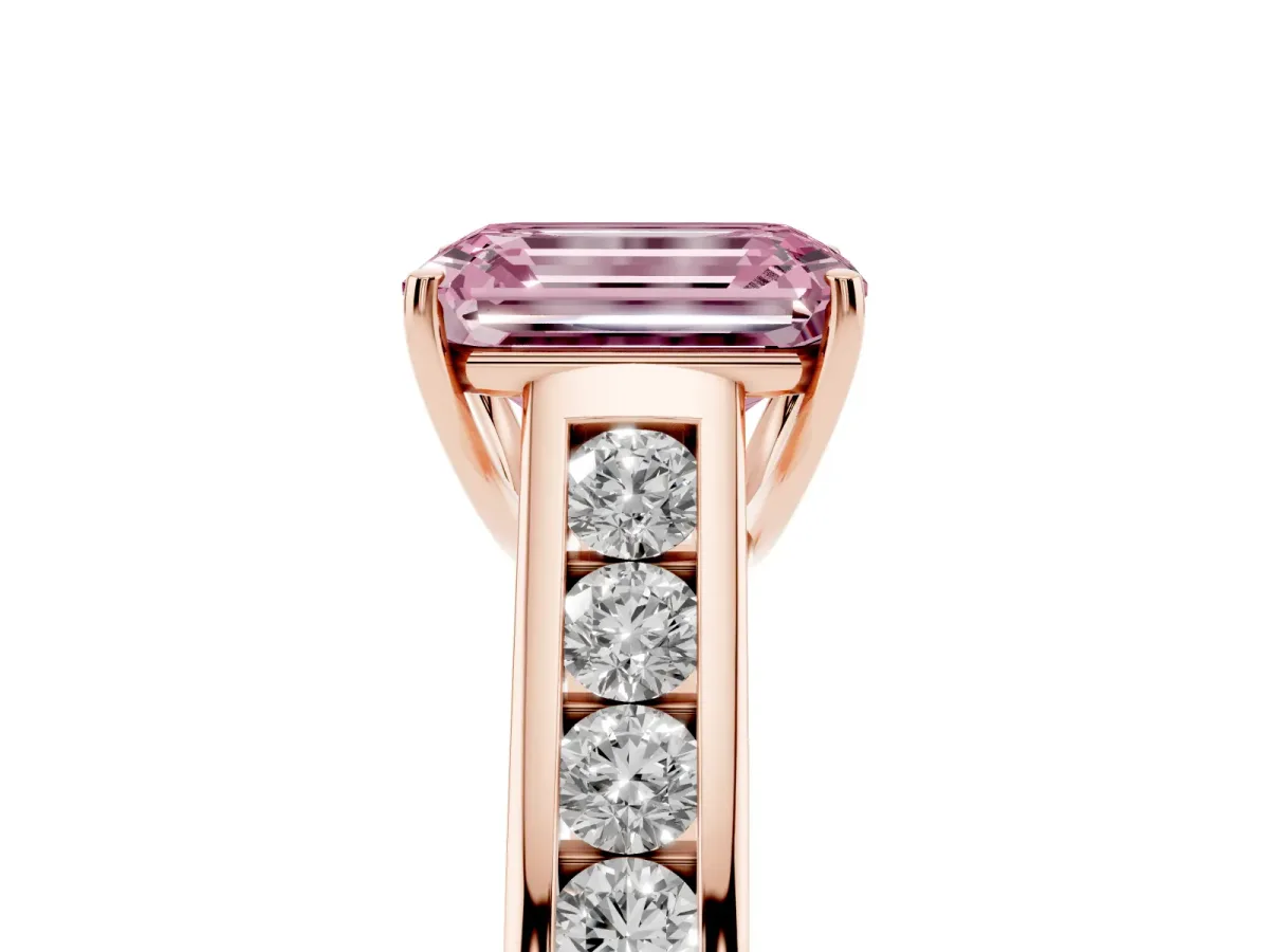 Fancy Pink Emerald Cut Solitaire Channel-Set Diamond Engagement Ring with Four-Prong Setting Rose gold