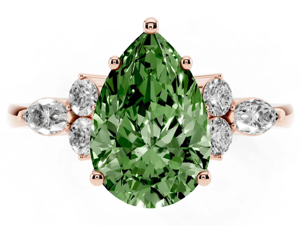 Fancy Green Pear Cut Brilliant Diamond Solitaire Ring with Pear Side Stones and Four-Prong Setting Rose gold