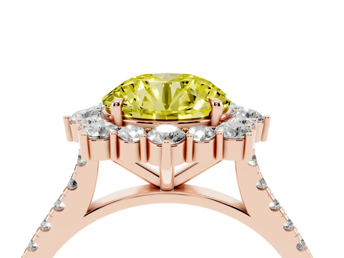 Fancy Yellow Round Cut Halo Diamond Ring with Pavé Band and Prong Setting Rose gold
