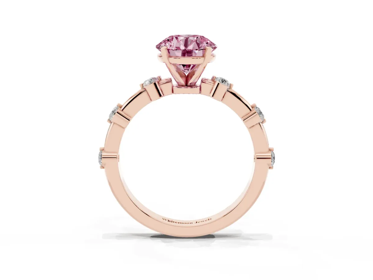 Fancy Pink Round Cut Solitaire Diamond Ring with Bezel Set Side Stones and Prong Setting Rose gold