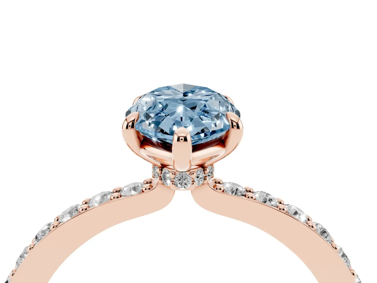 Fancy Blue Marquise Cut Diamond Pavé Engagement Ring with Round Accents and Prong Setting Rose gold