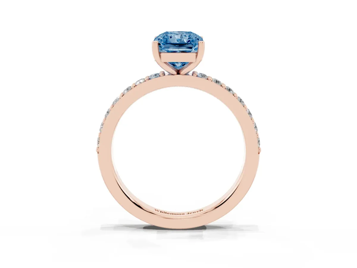 Fancy Blue Radiant Cut Cut Diamond Solitaire with Pave Band and Four-Prong Setting Rose gold