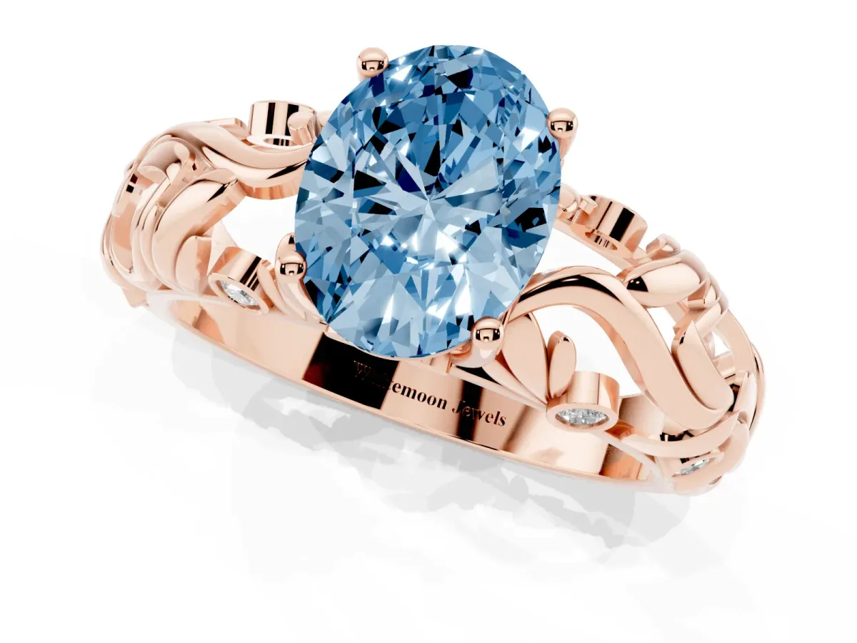 Fancy Blue Oval Cut Solitaire Diamond Leaf-Inspired Vine Band Ring with Prong Setting Rose gold