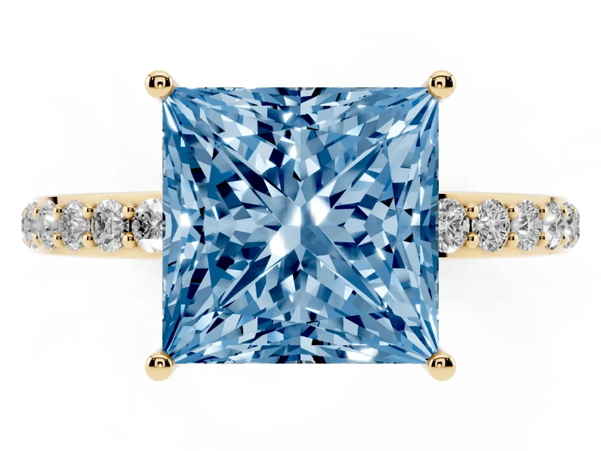 Fancy Blue Princess Cut Diamond Solitaire Ring with Pavé Band and Hidden Halo Yellow gold