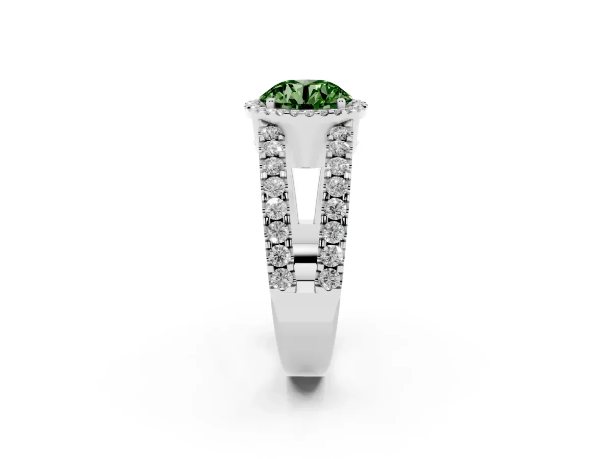 Fancy Green Round Cut Cut Halo Split Shank Diamond Ring with Four-Prong Setting Platinum