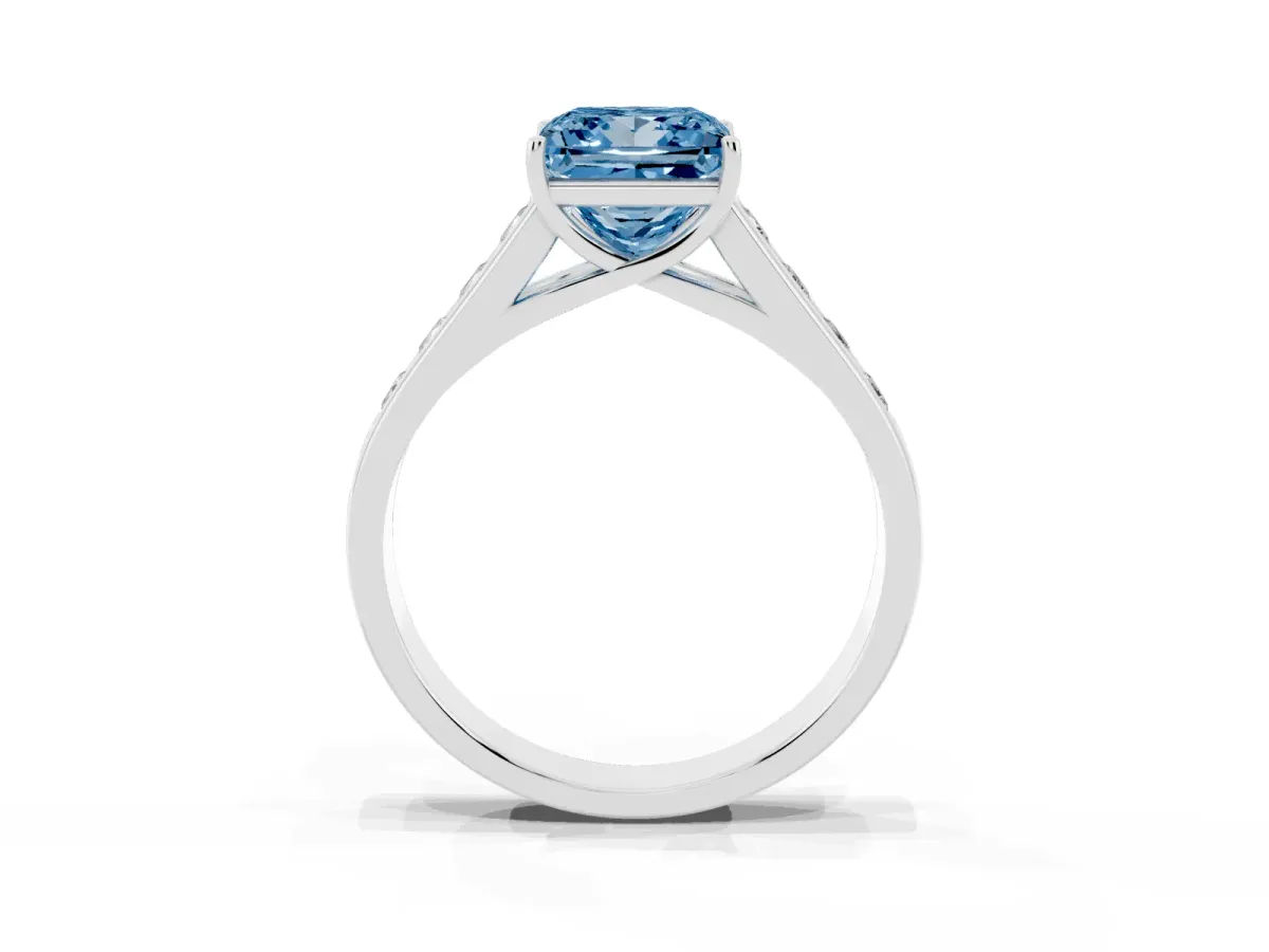 Fancy Blue Princess Cut Solitaire Channel-Set Diamond Engagement Ring with Four-Prong Setting Platinum