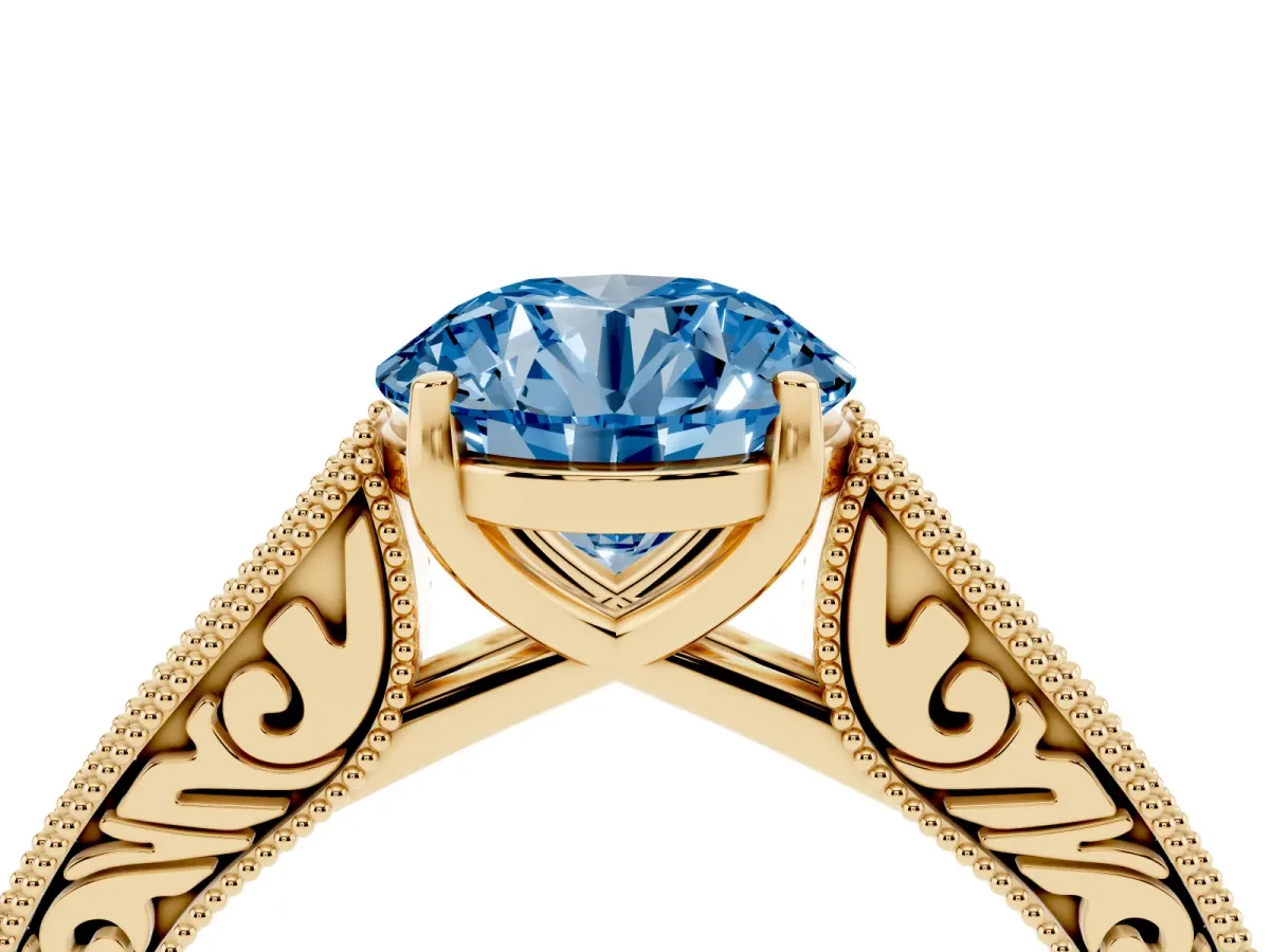 Fancy Blue Round Cut Cut Pave Band Milgrain Solitaire Ring Yellow gold