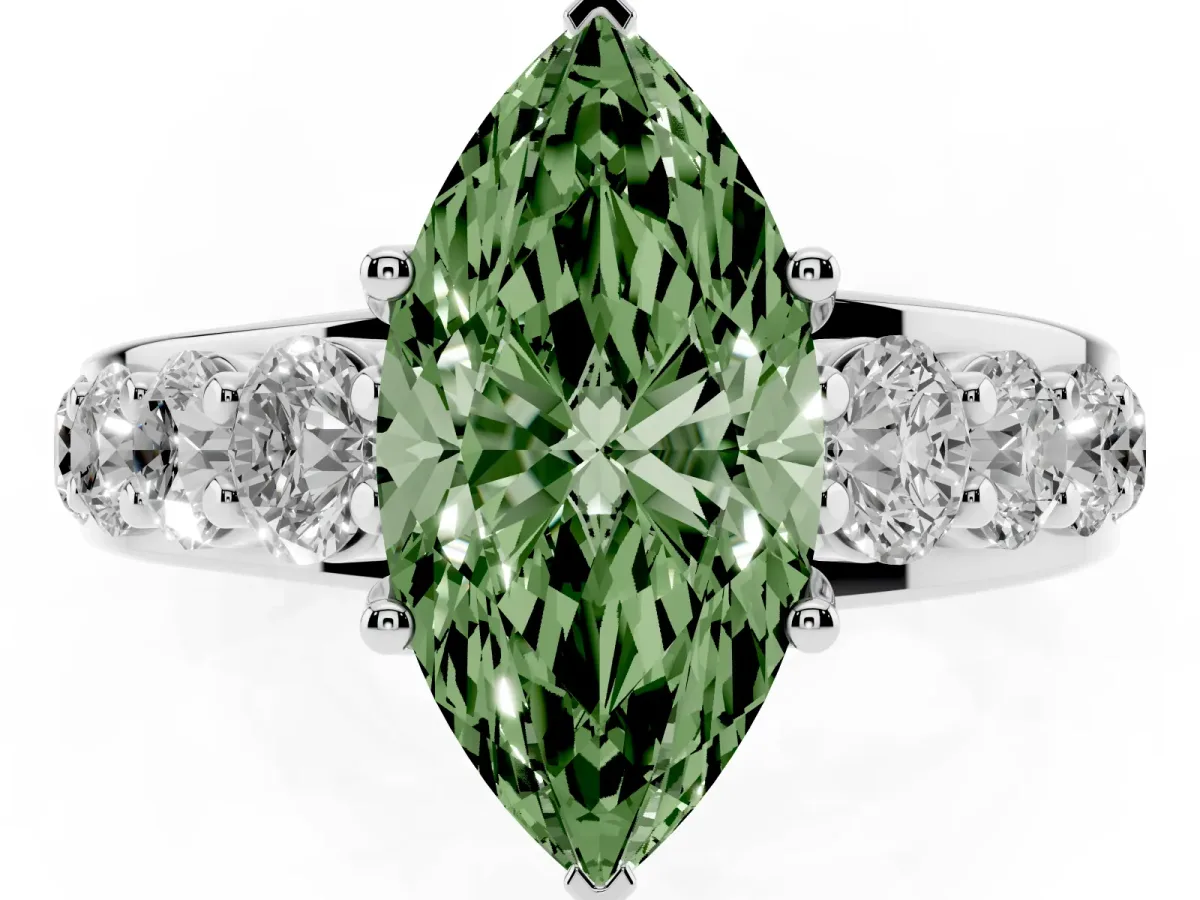 Fancy Green Marquise Cut Diamond Engagement Ring with Pavé Band and Four-Prong Setting Silver