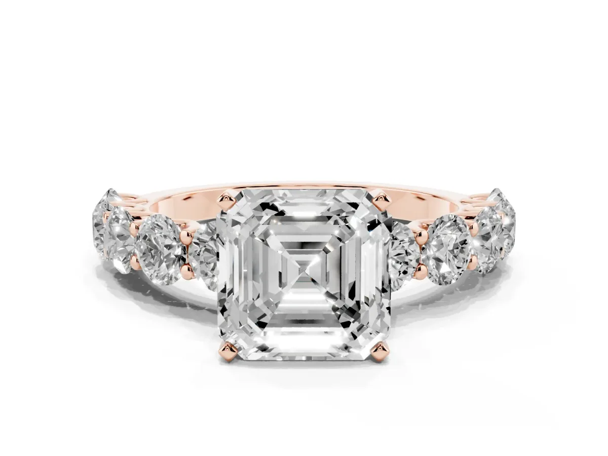 Asscher Cut Diamond Prong Setting with Side Stones on a Pave Band Rose gold