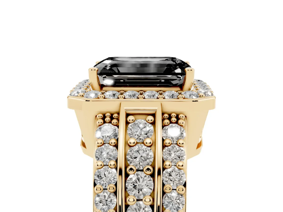 Fancy Black Emerald Cut Halo Diamond Ring with Round Split Shank and Prong Setting Yellow gold