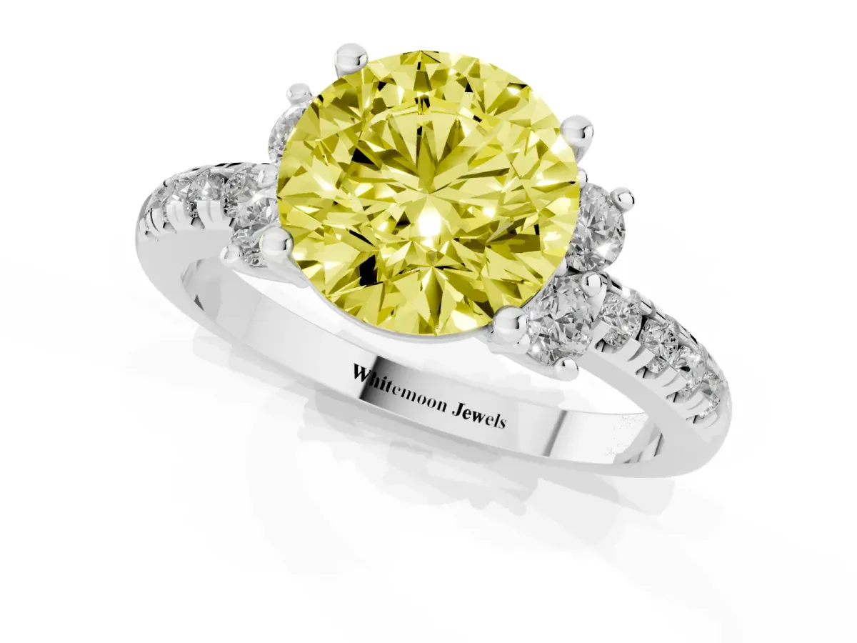 Fancy Yellow Round Cut Diamond Three-Stone Pave Band with Four-Prong Setting Silver