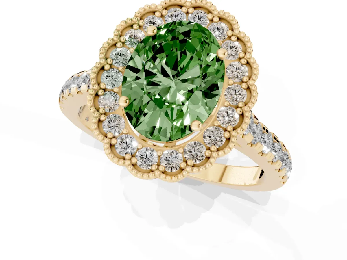 Fancy Green Oval Cut Cut Diamond Milgrain Floral Halo Engagement Ring with Pavé Band Yellow gold