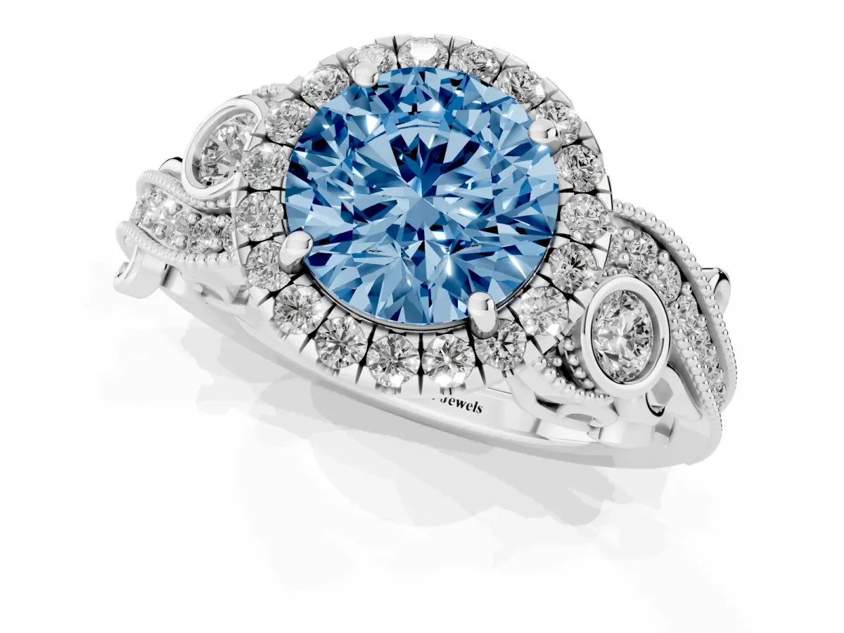 Fancy Blue Round Cut Diamond Halo Ring with Milgrain Pavé Band and Four-Prong Setting Platinum