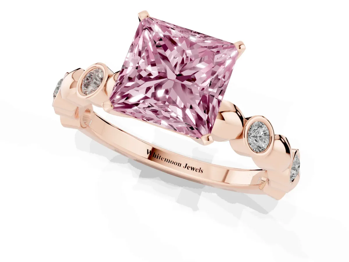 Fancy Pink Princess Cut Solitaire Bezel-Set Diamond Ring with Beaded Band and Four-Prong Setting Rose gold