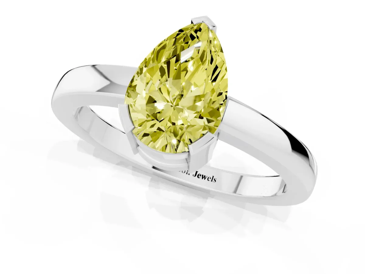 Fancy Yellow Pear Cut Cut Solitaire Ring with Four-Prong Setting and Classic Band Platinum