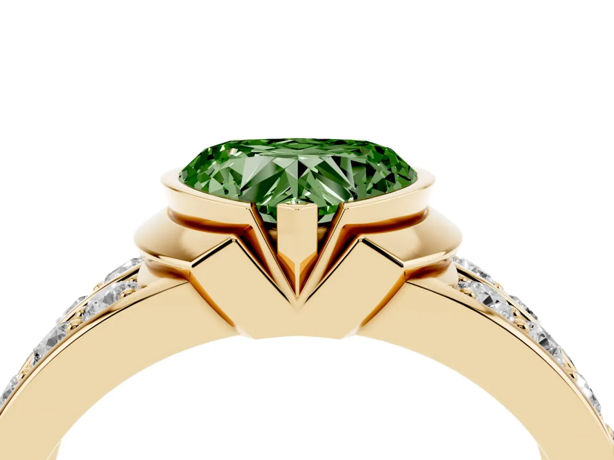 Fancy Green Heart Cut Brilliant Diamond Channel Set Wide Band Ring with Bezel Setting Yellow gold