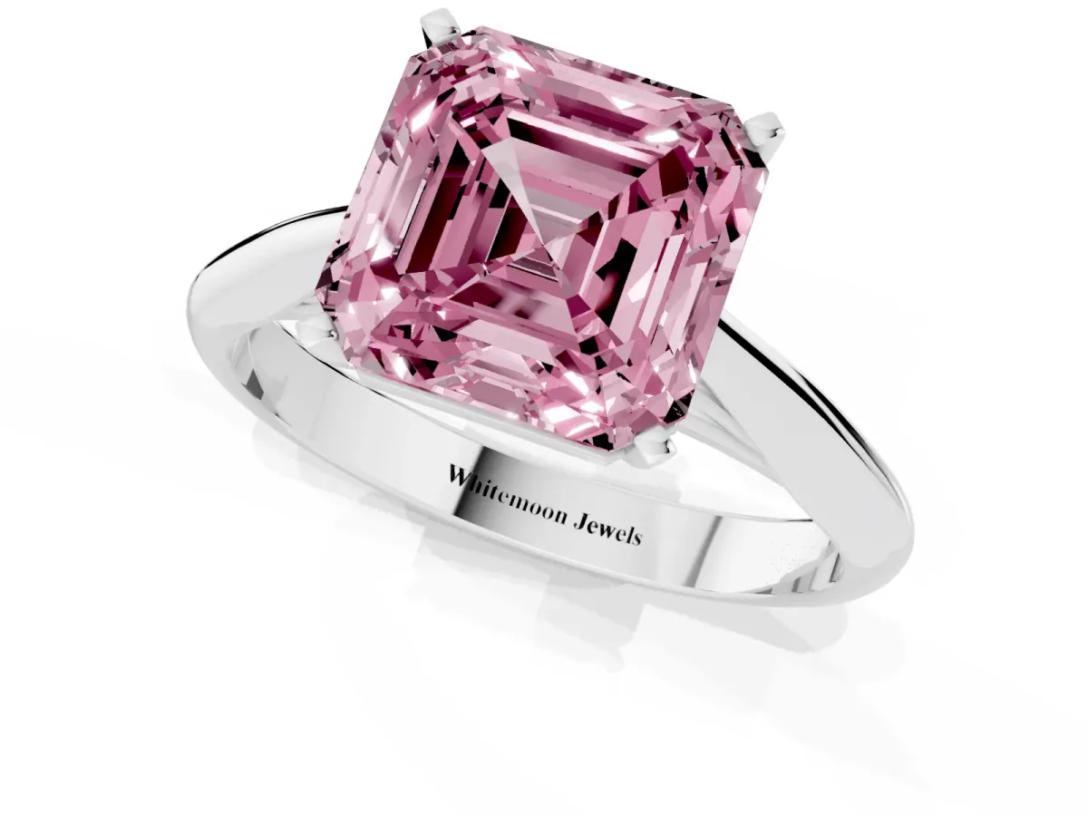 Fancy Pink Asscher Cut Diamond Solitaire Engagement Ring with Cathedral Setting and Four-Prong Mount Silver
