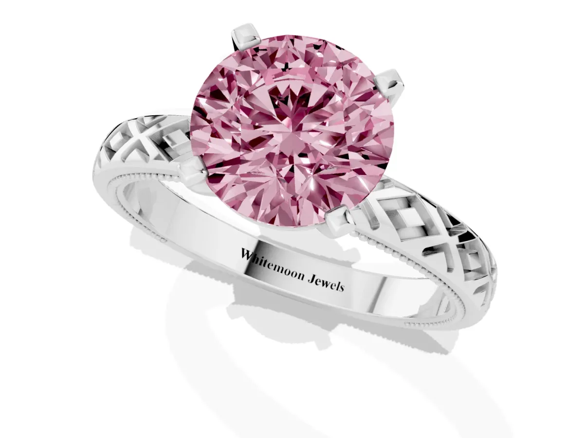 Fancy Pink Round Cut Solitaire Diamond Ring with Milgrain and Black Enamel X Pattern Band Silver
