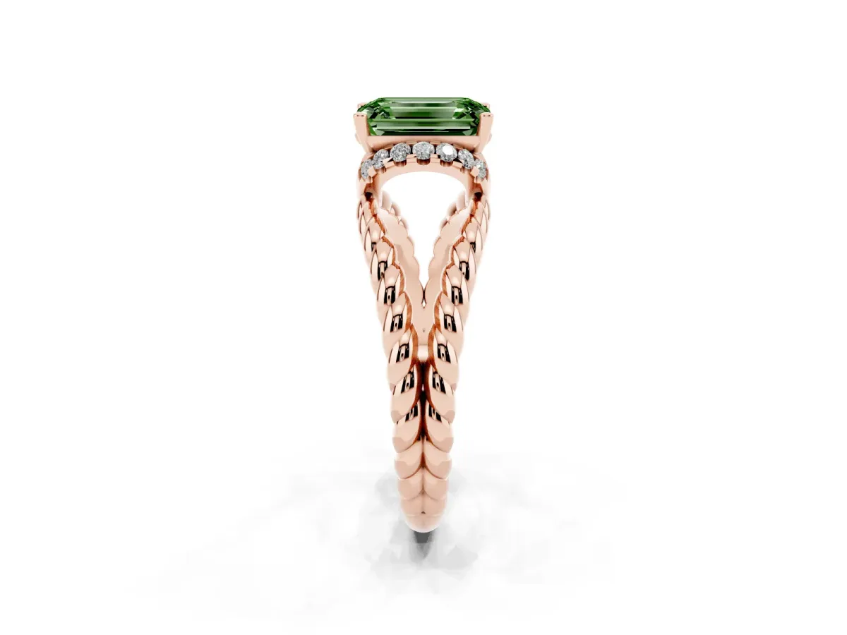Fancy Green Emerald Cut Halo Twisted Band Four-Prong Ring Rose gold