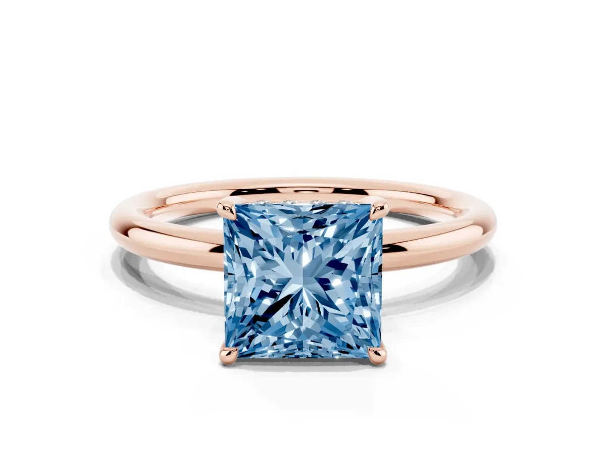 Fancy Blue Princess Cut Diamond Solitaire Ring with Thin Band and Four-Prong Setting Rose gold