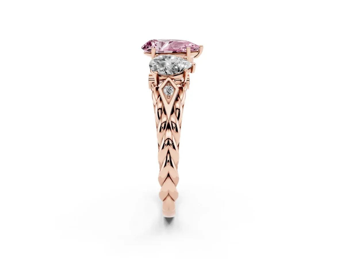 Fancy Pink Three-Stone Pear Cut Diamond Braided Band Ring with Four-Prong Setting Rose gold