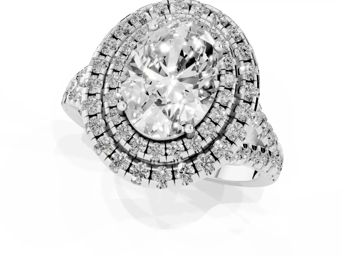 Double Halo Oval Cut Diamond Pavé Split Shank Ring with Prong Setting Silver