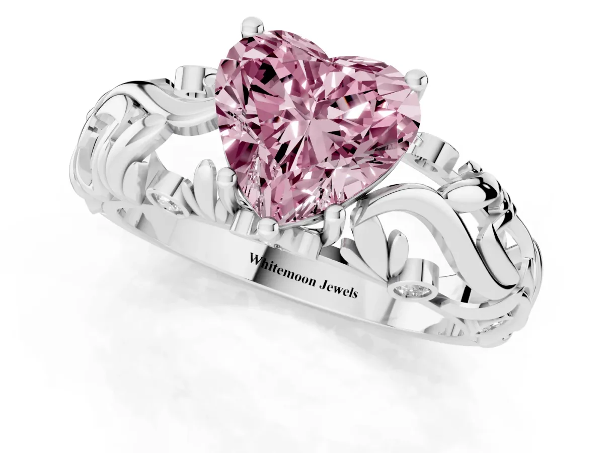 Fancy Pink Heart Cut Solitaire Diamond Leaf-Inspired Vine Band Ring with Prong Setting Platinum