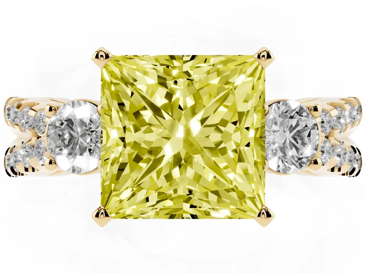 Fancy Yellow Princess Cut Diamond Three-Stone Ring with Pavé Split Shank and Four-Prong Setting Yellow gold
