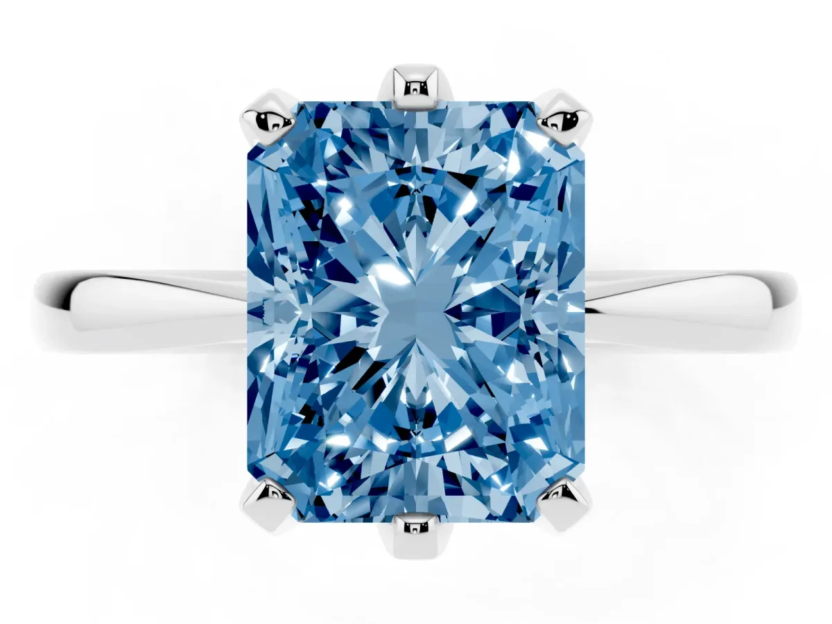 Fancy Blue Radiant Cut Solitaire Engagement Ring with Six-Prong Setting and Tapered Band Silver