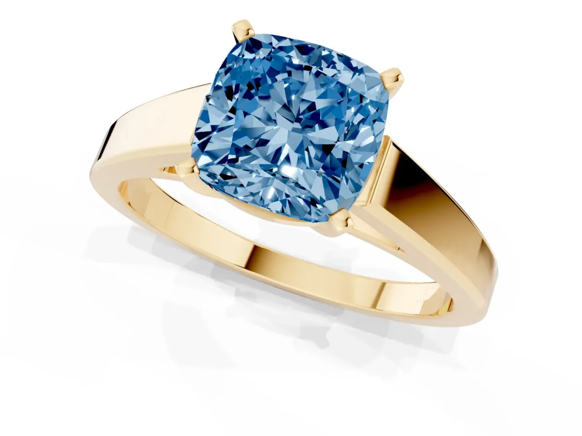 Fancy Blue Cushion Cut Solitaire Engagement Ring with Four-Prong Setting and Tapered Band Yellow gold