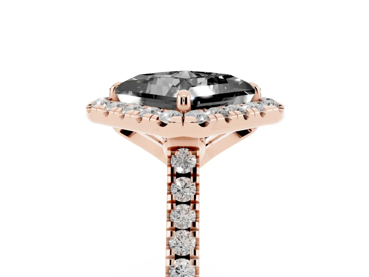 Fancy Black Princess Cut Diamond Cushion Halo Ring with Pavé Band Rose gold