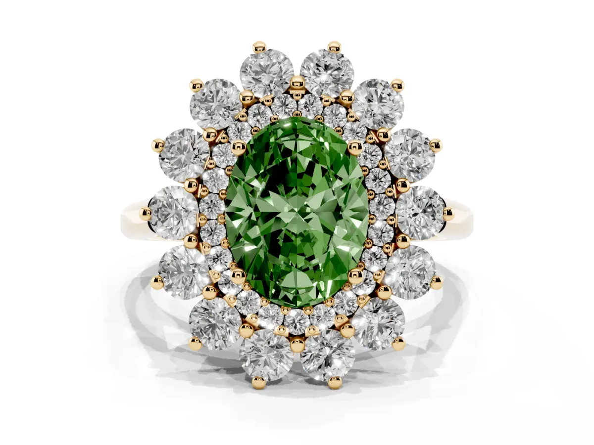 Fancy Green Oval Cut Diamond Floral Double Halo Engagement Ring with Prong Setting Yellow gold