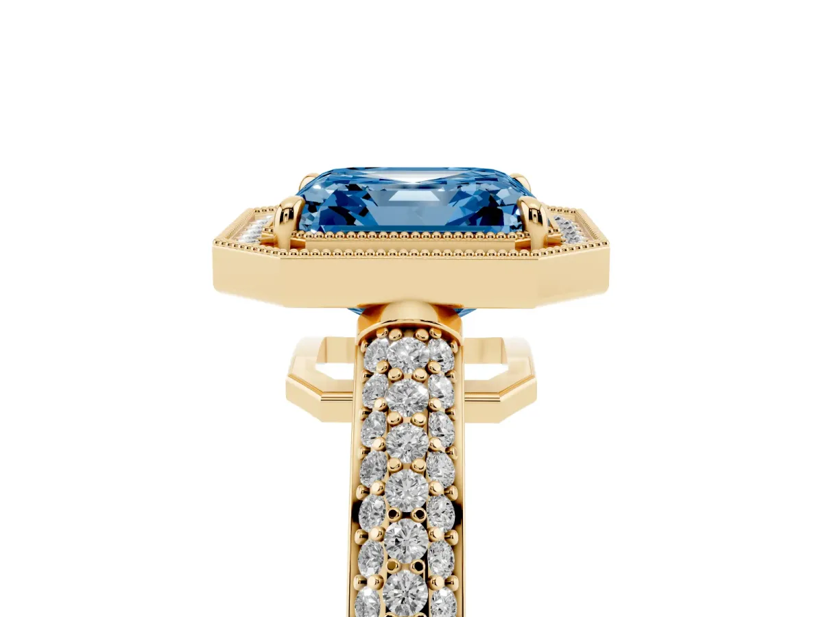 Fancy Blue Asscher Cut Cut Halo Diamond Pave Band with Four-Prong Setting Yellow gold
