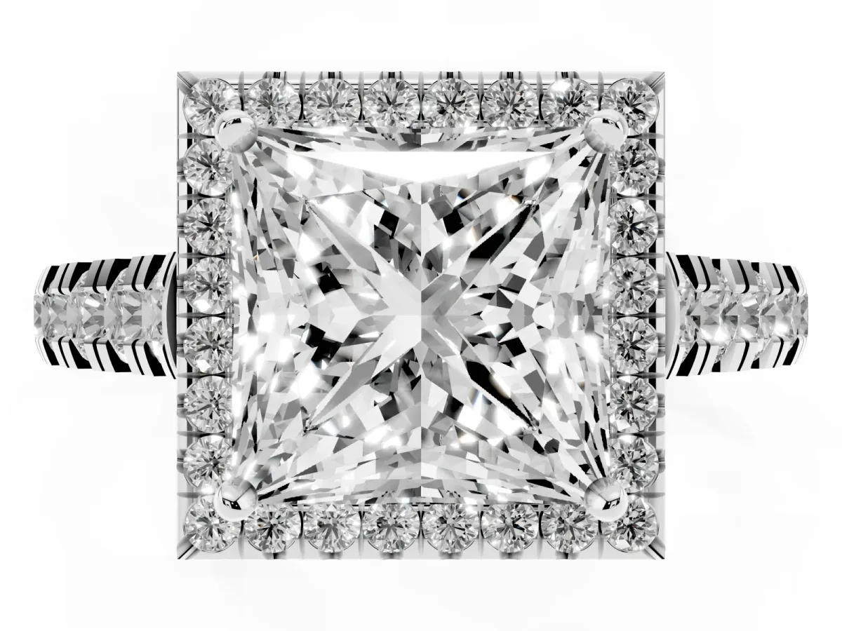 Princess Cut Halo Pavé Diamond Engagement Ring with Four-Prong Setting Silver