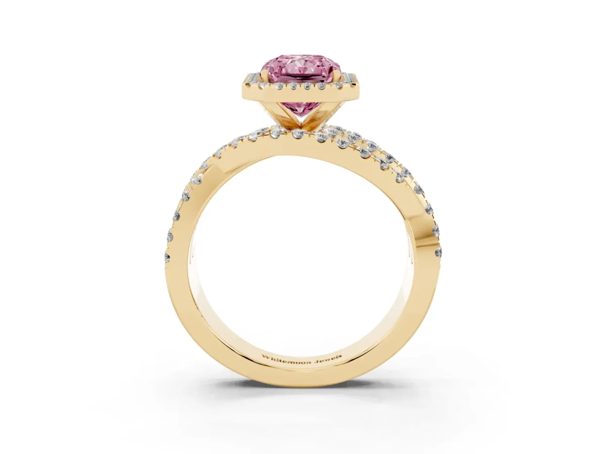 Fancy Pink Radiant Cut Diamond Halo Ring with Round Split Shank and Prong Setting Yellow gold