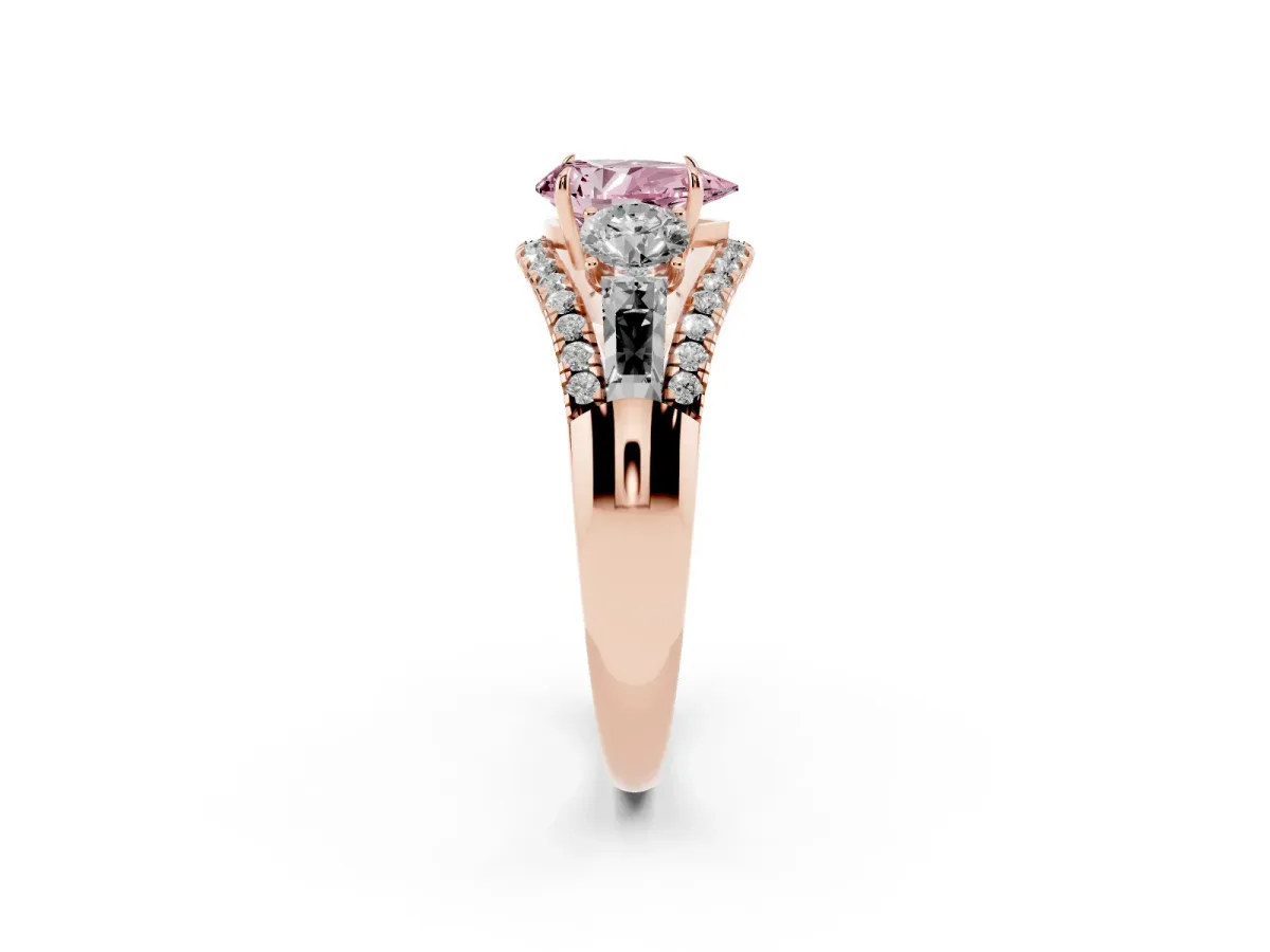 Fancy Pink Three-Stone Pear Cut Diamond Engagement Ring with Pave Band and Prong Setting Rose gold